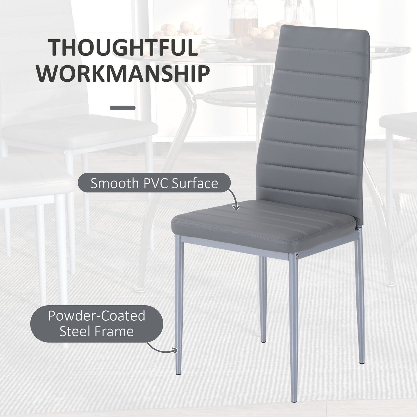 Round Dining Table Set for 4, Table Set with Padded Chairs and Glass-Top Table, Round Kitchen Table and Chairs, Grey | HOMCOM-4