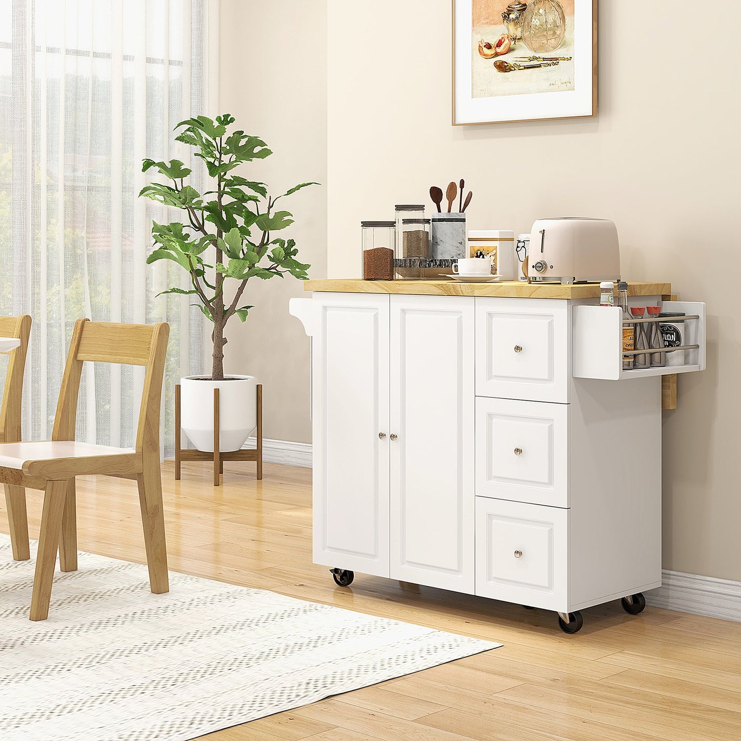 Drop-Leaf Kitchen Island on Wheels Utility Storage Cart with Drawers & Cabinet for Kitchen, Dining & Living Room-3