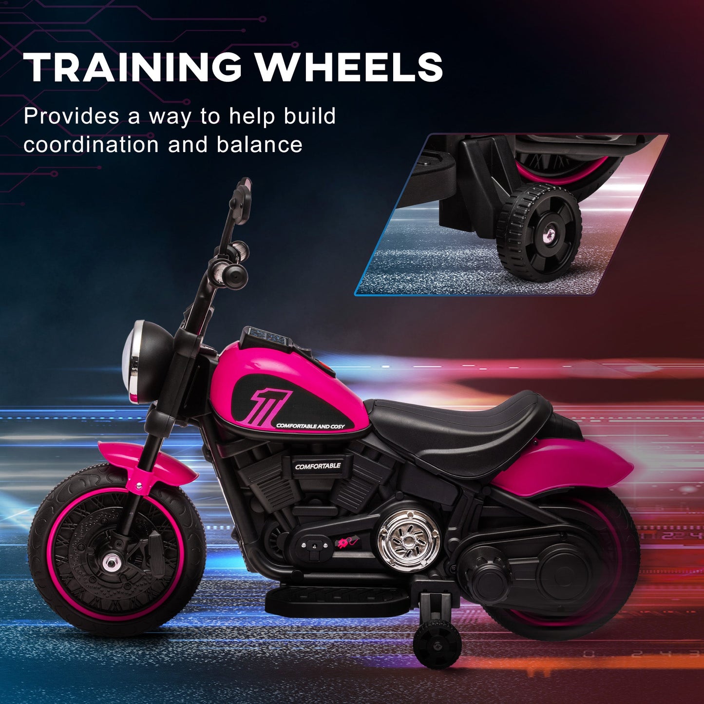 6v Electric Motorbike with Training Wheels, One-Button Start - Pink-4