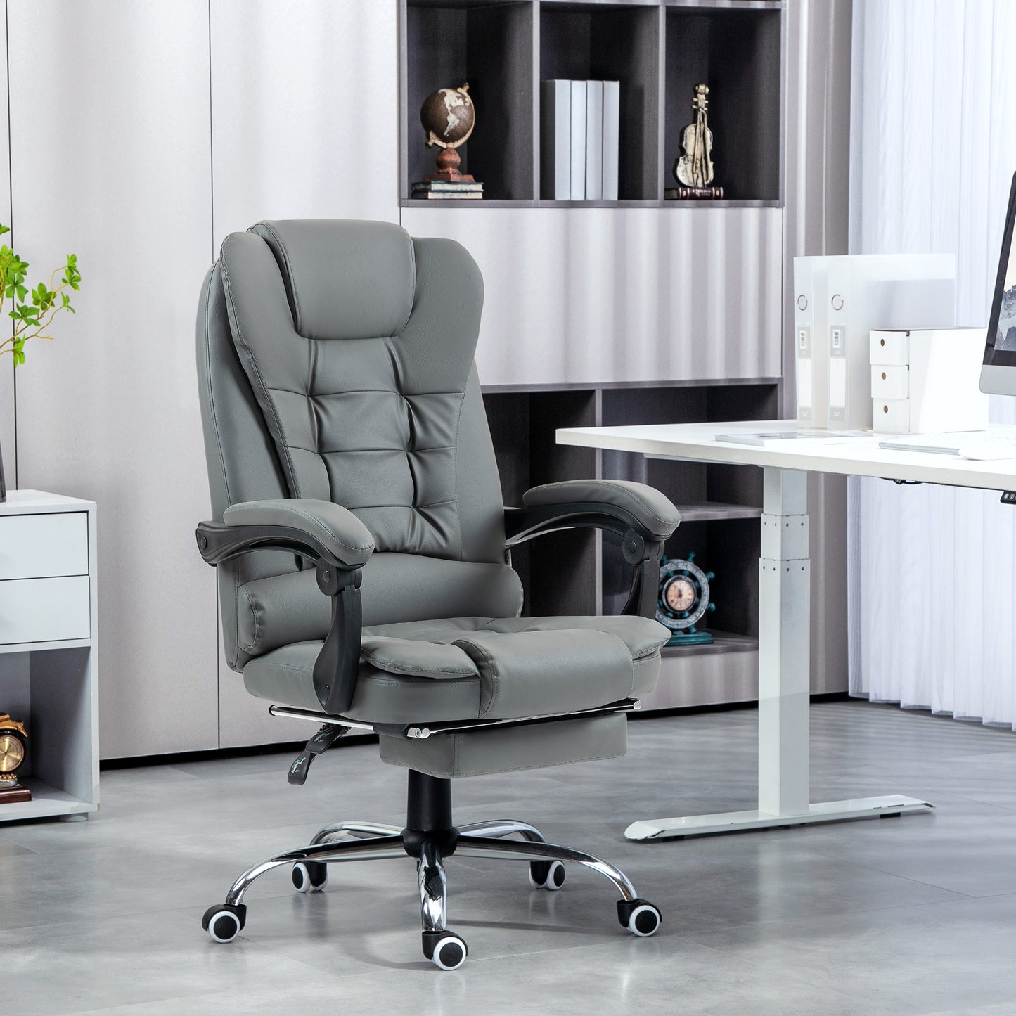 HOMCOM Executive Leather Office Chair, PU Home Office Chair with Swivel Wheels, Reclining Backrest, Retractable Footrest in Grey-8