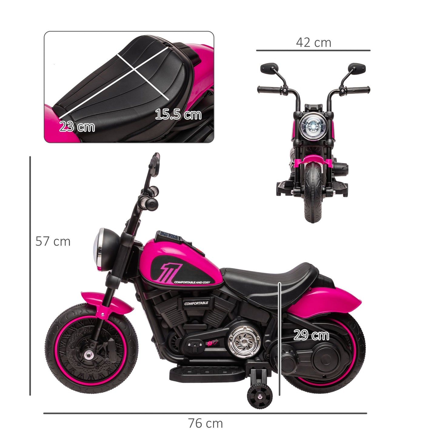 6v Electric Motorbike with Training Wheels, One-Button Start - Pink-2