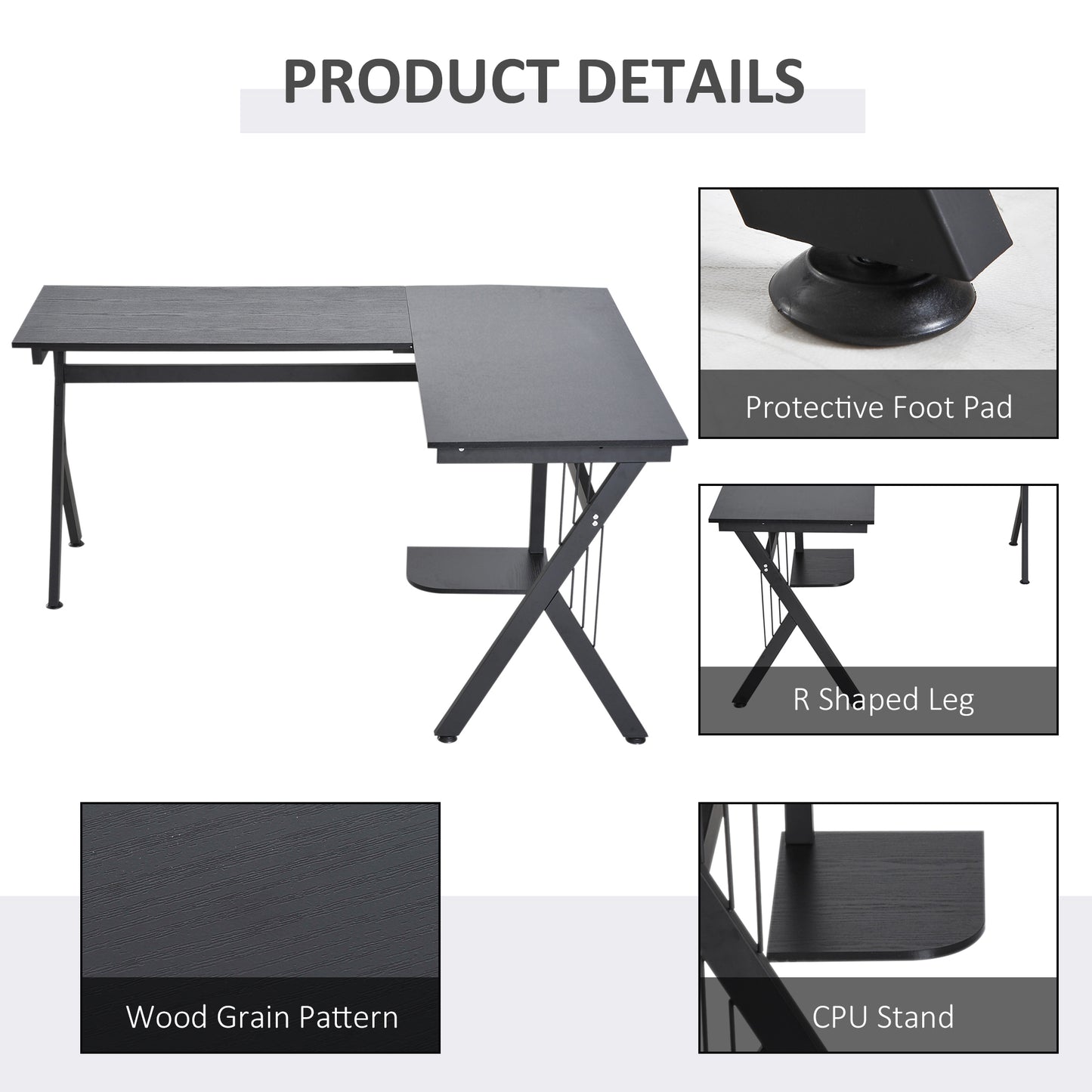 Corner Computer Desk, L-Shaped Desk with CPU Stand, Home Office Laptop Haven, Study Workstation in Black | HOMCOM-4
