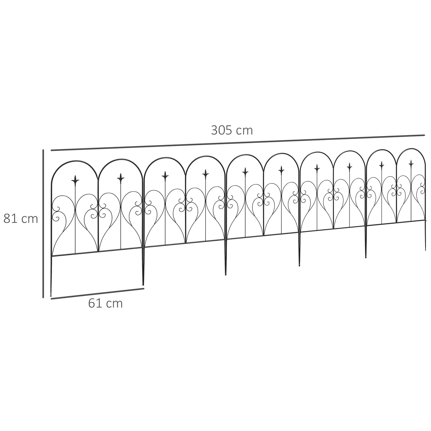 Set of 5 Metal Outdoor Picket Fence Panels with Heart Scrollwork - Black-2
