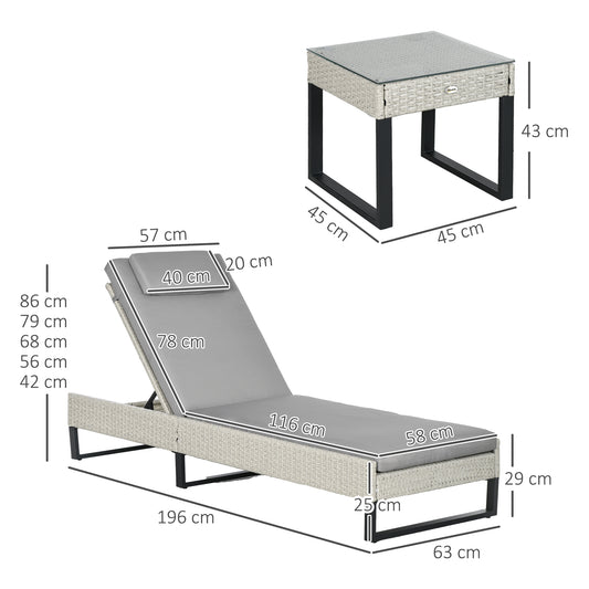 3 piece PE Rattan Sun Lounger Set with Adjustable 5-Position Recliner, Patio Chaise Lounge Chair Set with Cushions, Headrests, Glass Top Square Coffee Table, Light Grey by Outsunny-1