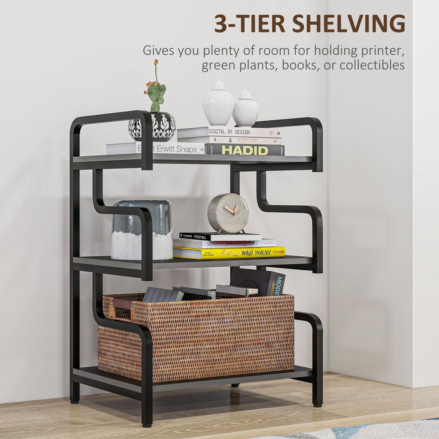 3-Tier Storage Shelves, Metal Shelving Unit, Industrial Printer Table for Home Office, Display Rack for Living Room, Black-3