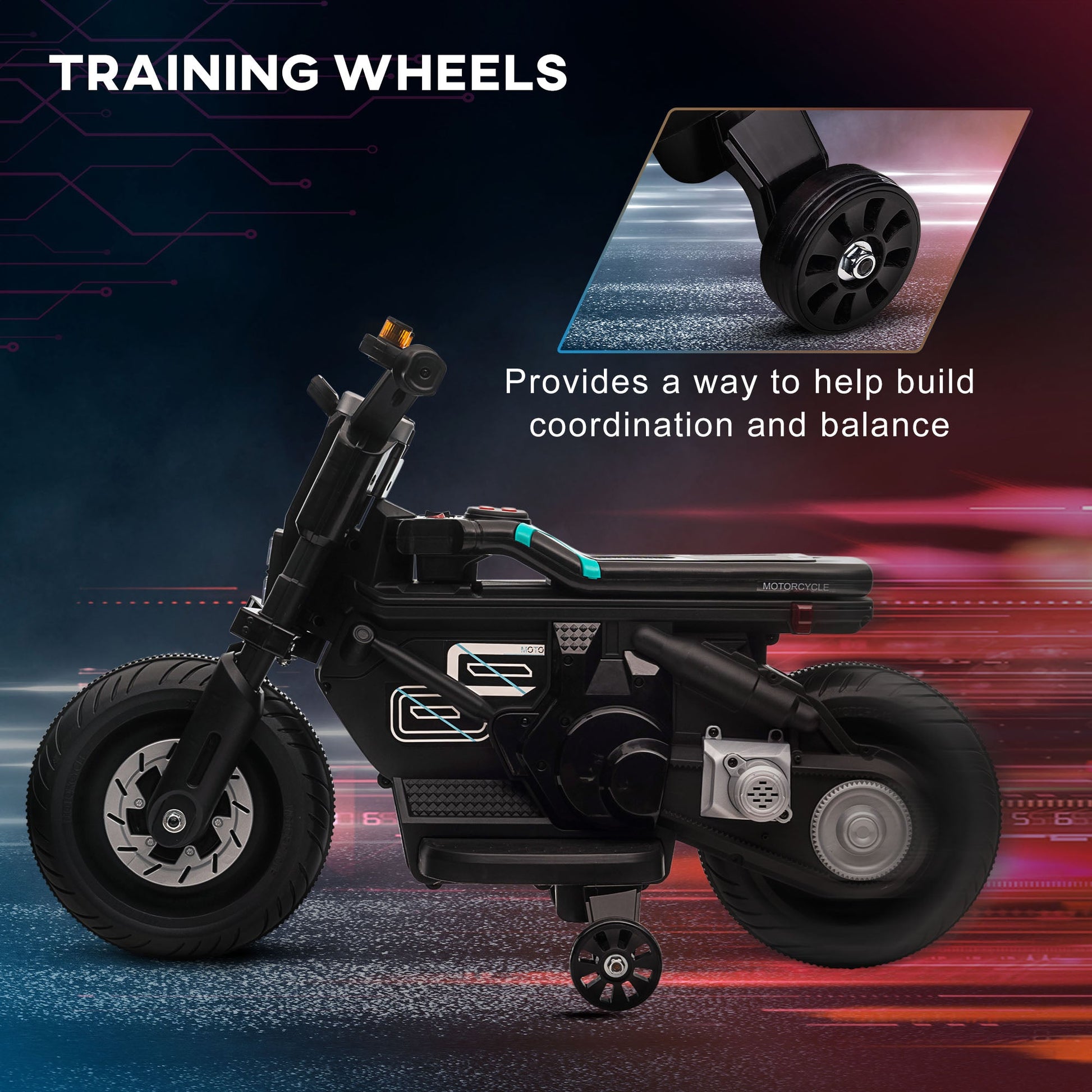 Kids Electric Motorbike with Siren, Horn, Headlights, Music, Training Wheels, for Ages 3-5 Years - Black-4
