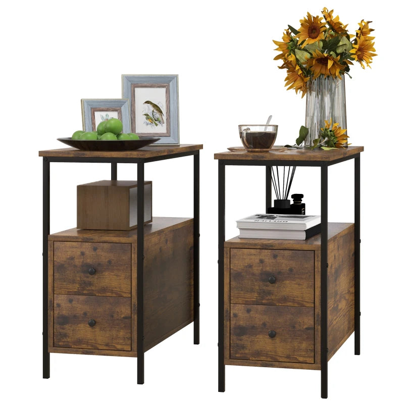 HOMCOM Set of 2 Side Table, Narrow Bedside Table with 2 Drawers and Storage Shelf, Industrial End Table with Metal Frame for Small Spaces in Rustic Brown-0
