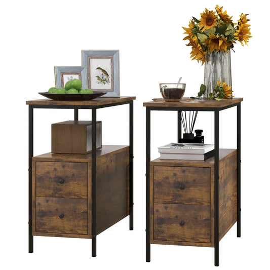 HOMCOM Set of 2 Side Table, Narrow Bedside Table with 2 Drawers and Storage Shelf, Industrial End Table with Metal Frame for Small Spaces in Rustic Brown-0