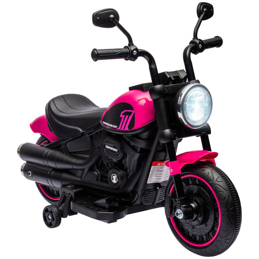 6v Electric Motorbike with Training Wheels, One-Button Start - Pink-0