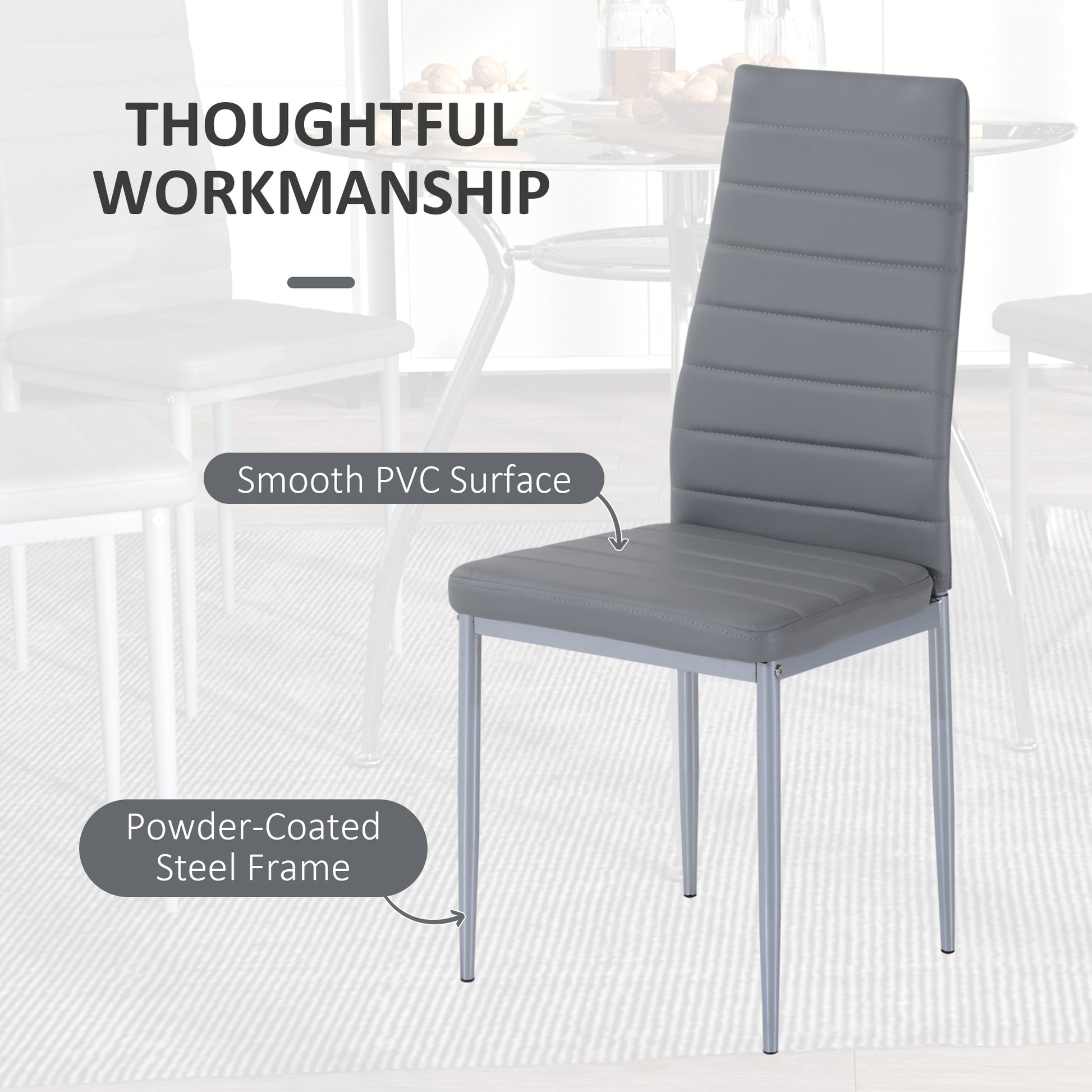Round Dining Table Set for 4, Table Set with Padded Chairs and Glass-Top Table, Round Kitchen Table and Chairs, Grey | HOMCOM-4