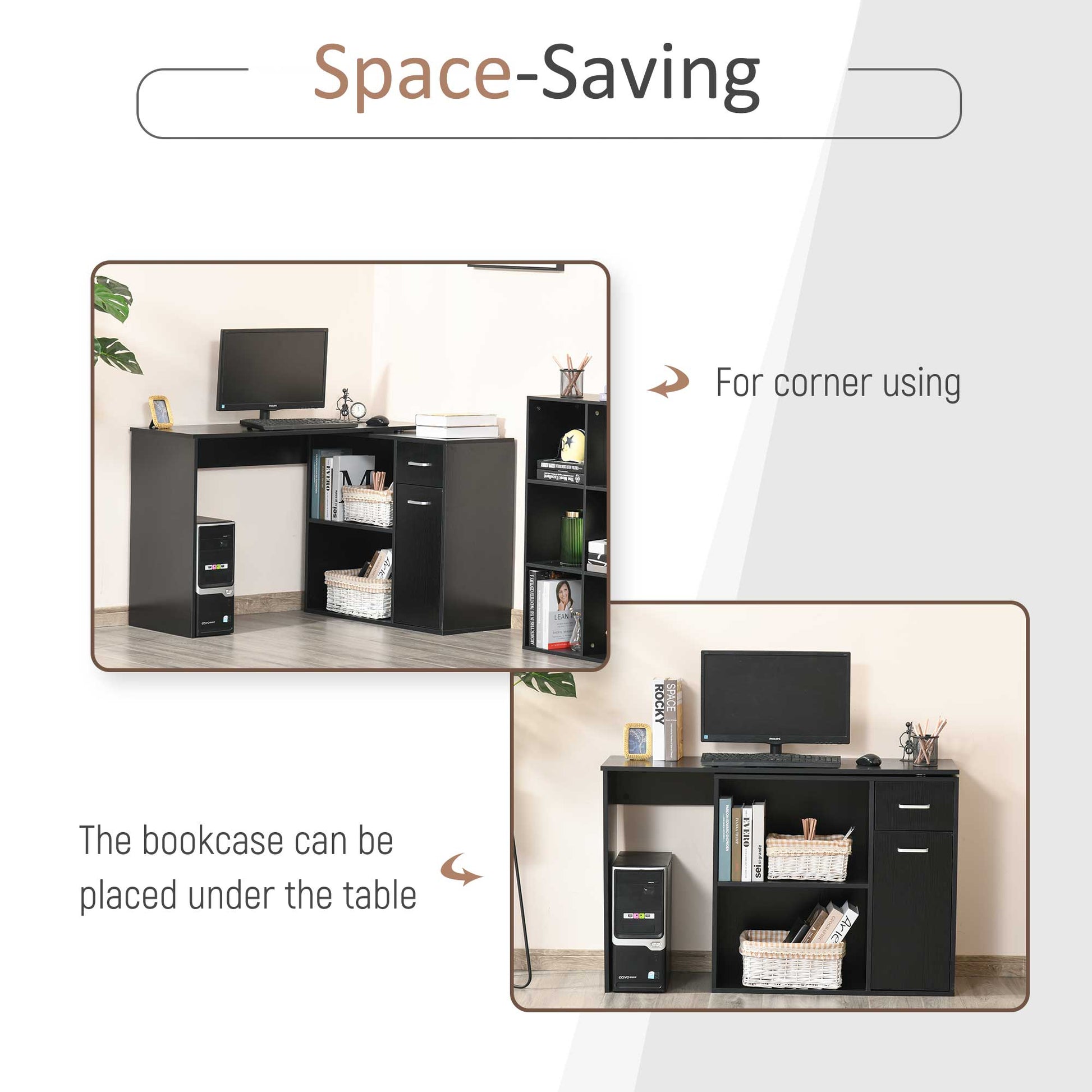 L-Shaped corner computer desk Table Study Table PC Workstation with Storage Shelf Drawer Home Office Black-3