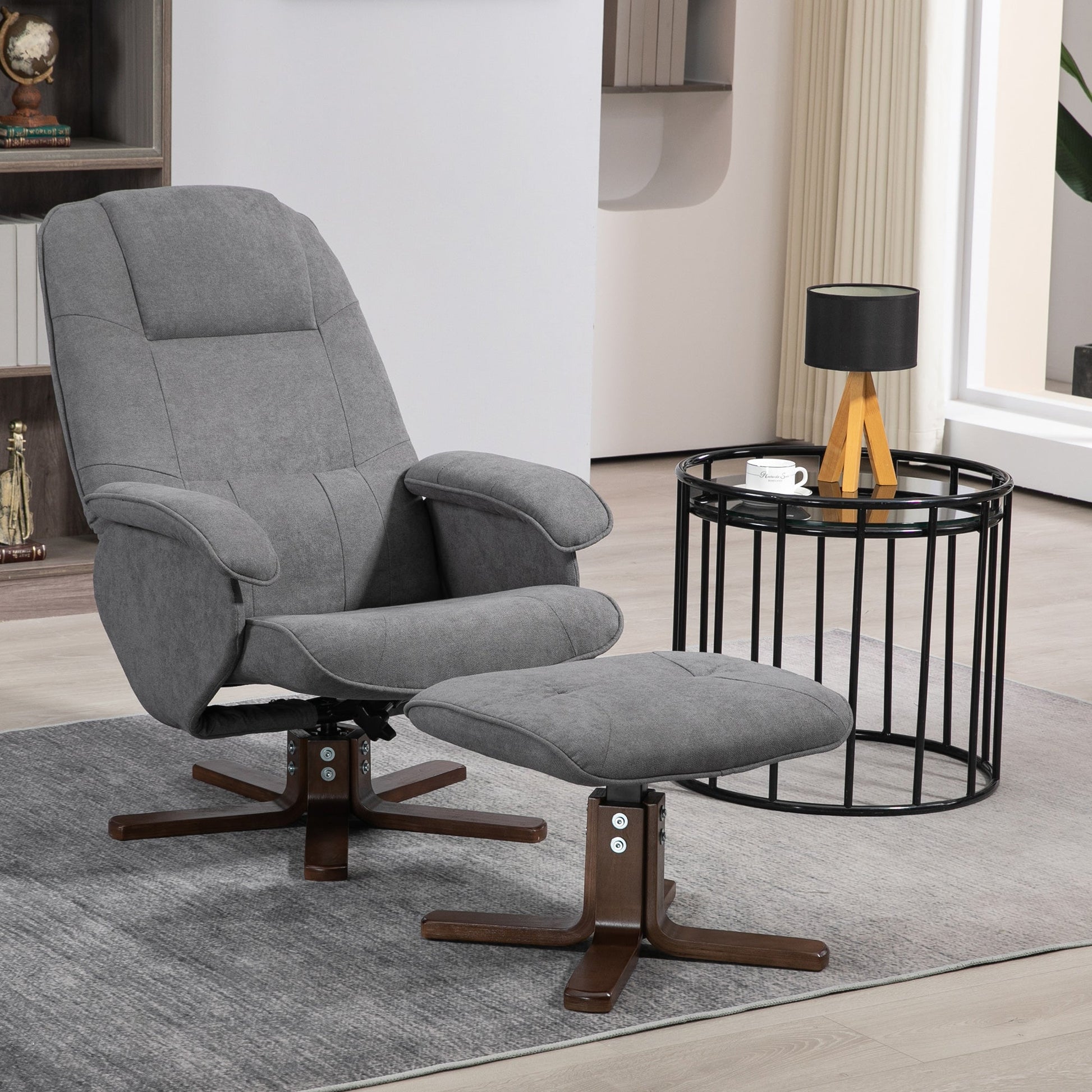 Linen Swivel Recliner Chair with Footstool, Upholstered Reclining Armchair with Wooden Base for Living Room, Grey-1