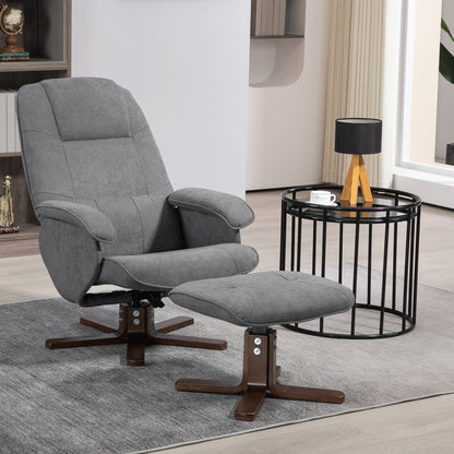 Linen Swivel Recliner Chair with Footstool, Upholstered Reclining Armchair with Wooden Base for Living Room, Grey-1