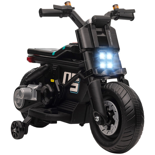 Kids Electric Motorbike with Siren, Horn, Headlights, Music, Training Wheels, for Ages 3-5 Years - Black-0