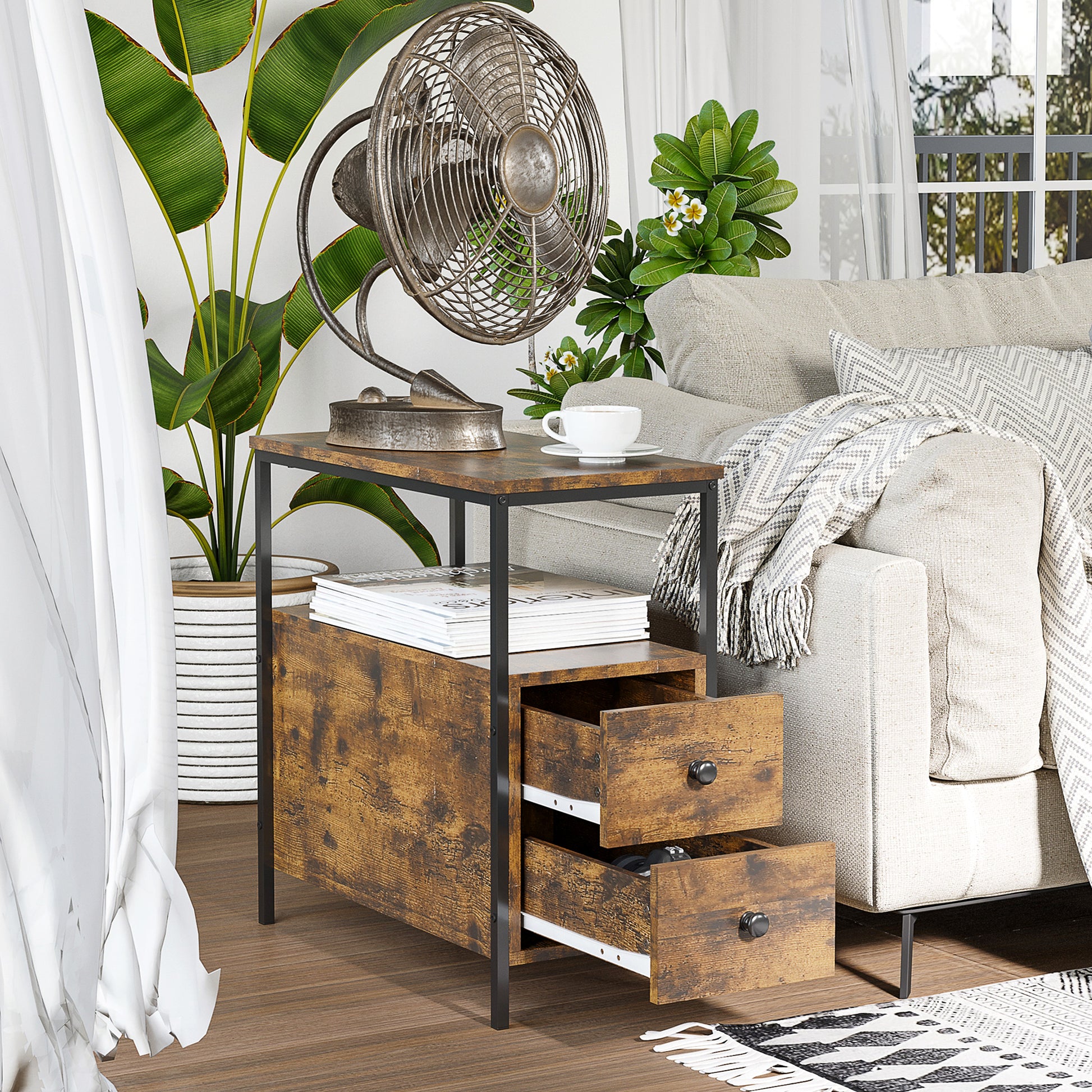 HOMCOM Set of 2 Side Table, Narrow Bedside Table with 2 Drawers and Storage Shelf, Industrial End Table with Metal Frame for Small Spaces in Rustic Brown-5