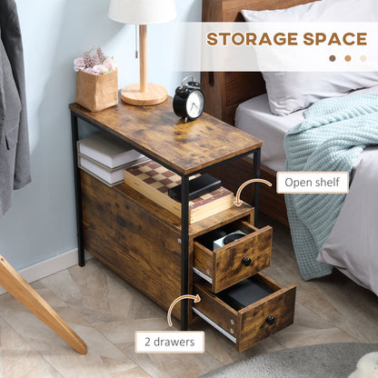 HOMCOM Set of 2 Side Table, Narrow Bedside Table with 2 Drawers and Storage Shelf, Industrial End Table with Metal Frame for Small Spaces in Rustic Brown-3