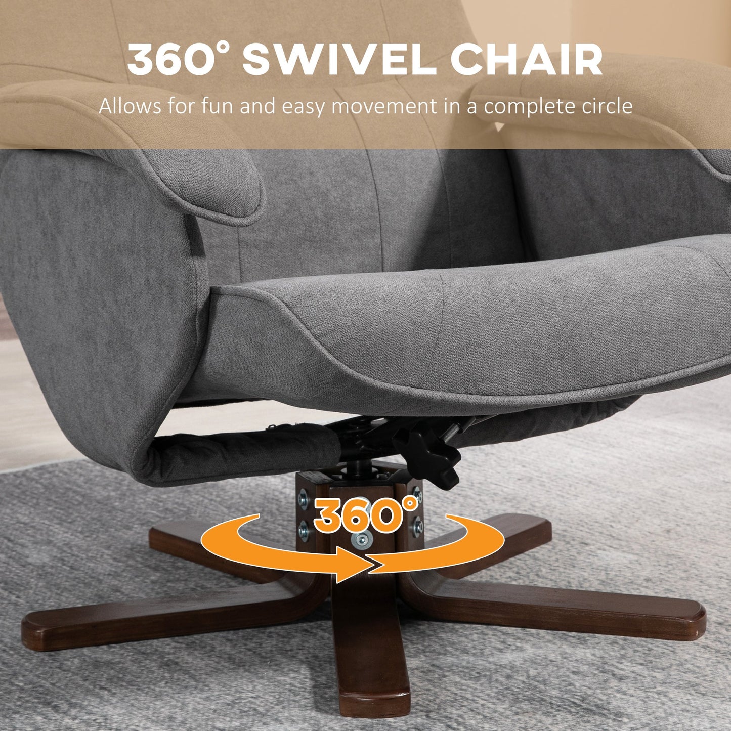 Linen Swivel Recliner Chair with Footstool, Upholstered Reclining Armchair with Wooden Base for Living Room, Grey-4