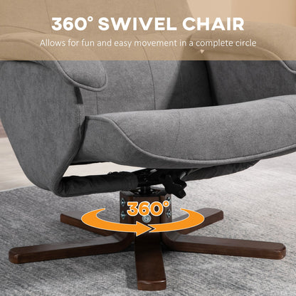 Linen Swivel Recliner Chair with Footstool, Upholstered Reclining Armchair with Wooden Base for Living Room, Grey-4