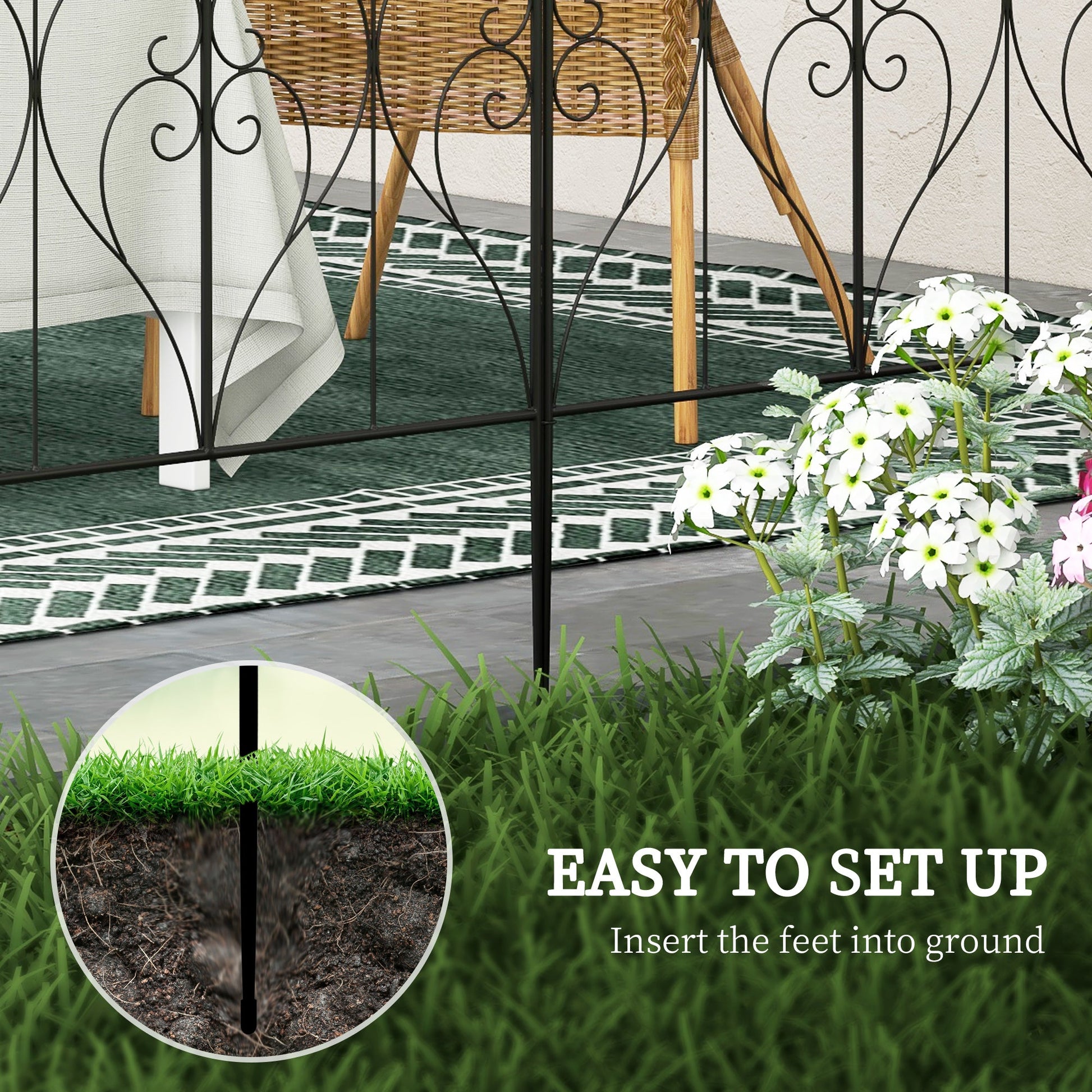 Set of 5 Metal Outdoor Picket Fence Panels with Heart Scrollwork - Black-3