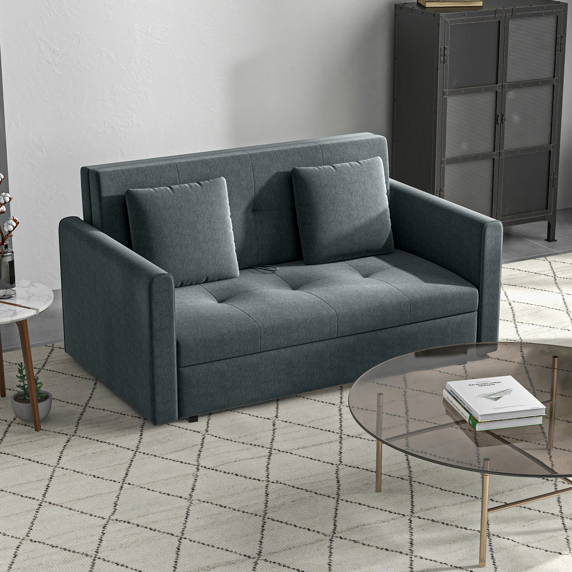 2 Seater Sofa Bed, Convertible Bed Settee, Modern Fabric Loveseat Sofa Couch with 2 Cushions, Hidden Storage for Guest Room, Dark Grey by HOMCOM-8