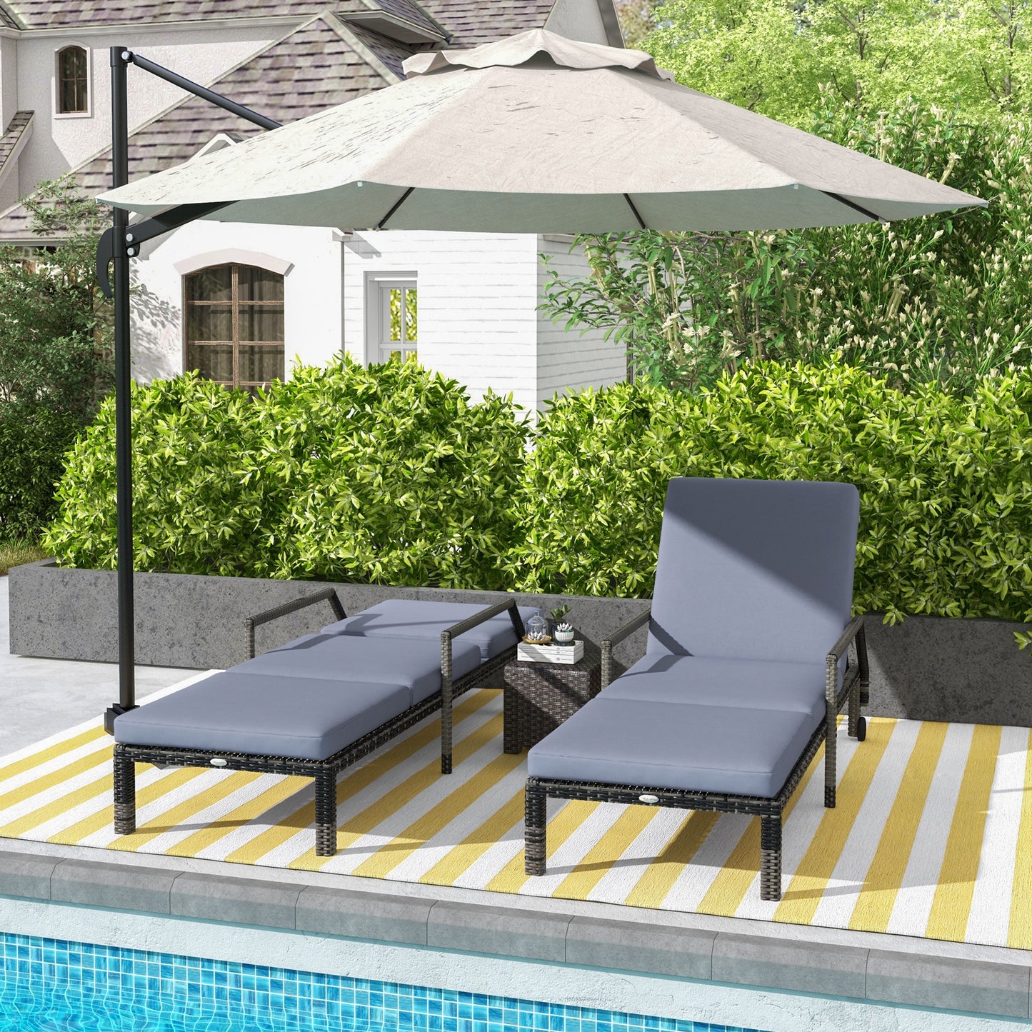 Outsunny Outdoor PE Rattan Sun Lounger Set of 2, Wicker Chaise Recliner Garden Chair with 5-Level Adjustable Backrest and 2 Wheels, Dark Grey-8
