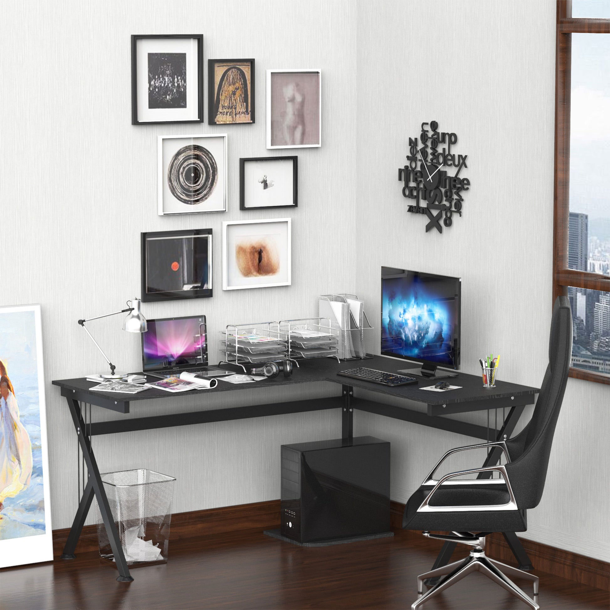 Corner Computer Desk, L-Shaped Desk with CPU Stand, Home Office Laptop Haven, Study Workstation in Black | HOMCOM-8