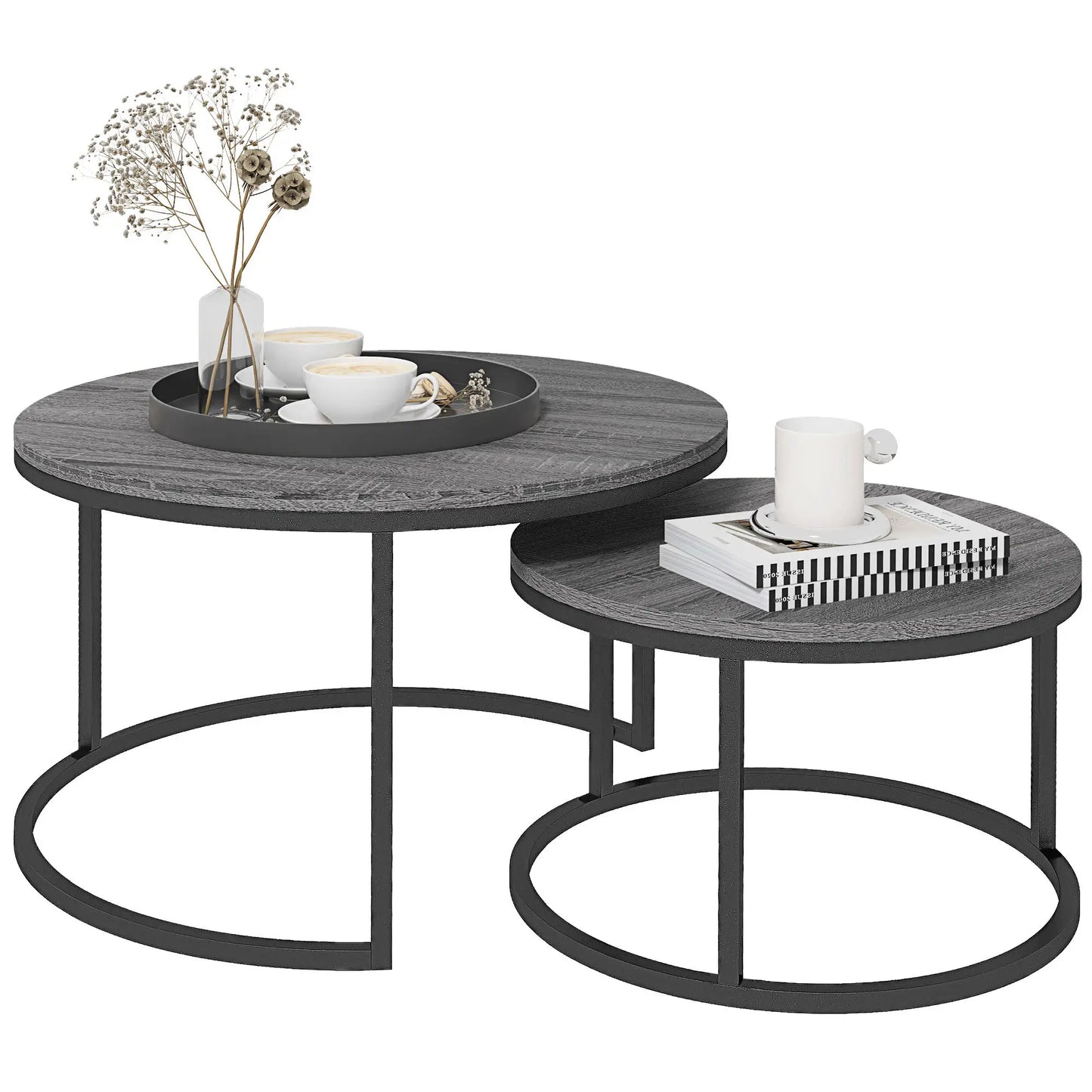 Industrial Nesting Coffee Table Set of 2, Round Coffee Tables, Living Room Table with Wood Effect Top and Steel Frame | HOMCOM-0