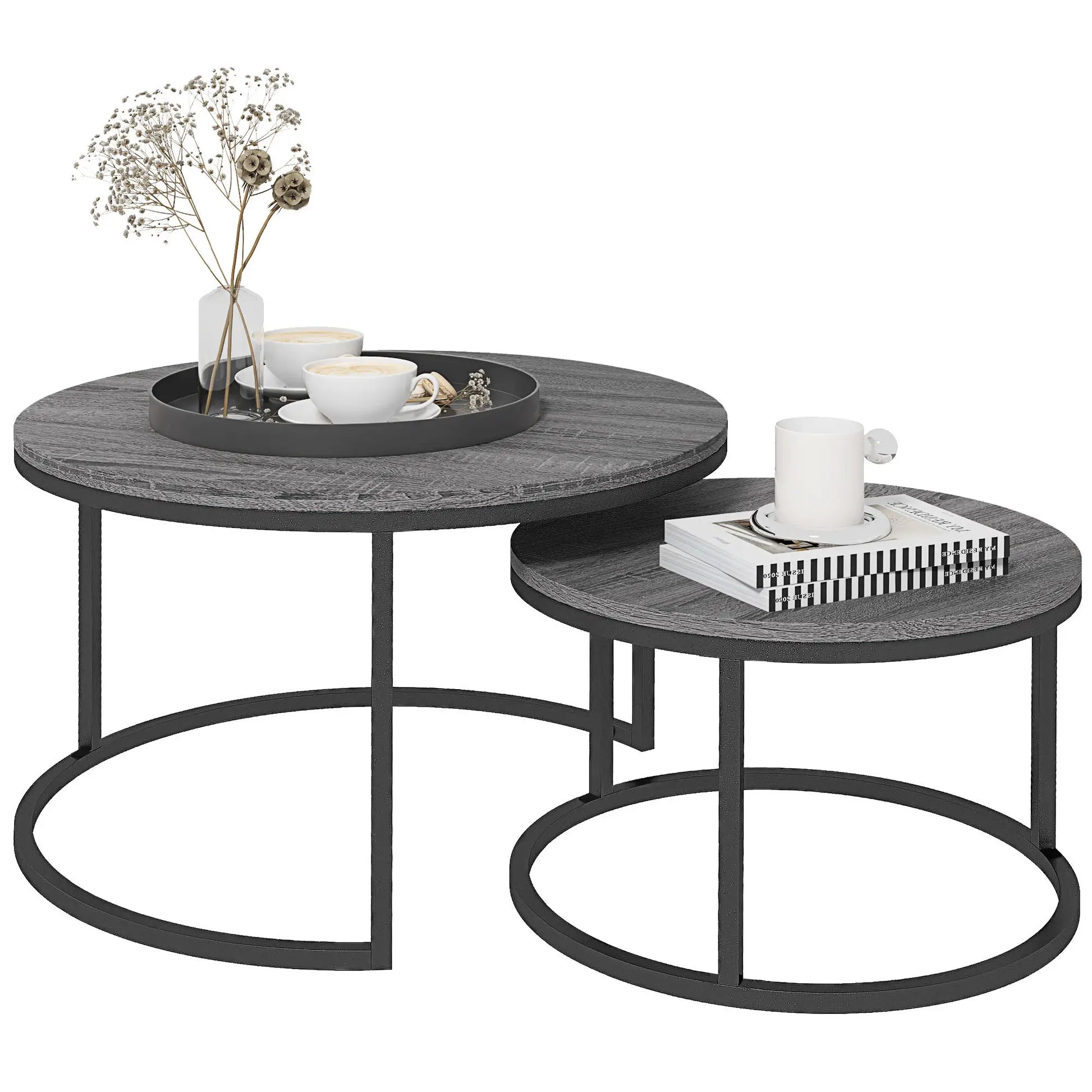 Industrial Nesting Coffee Table Set of 2, Round Coffee Tables, Living Room Table with Wood Effect Top and Steel Frame | HOMCOM-0