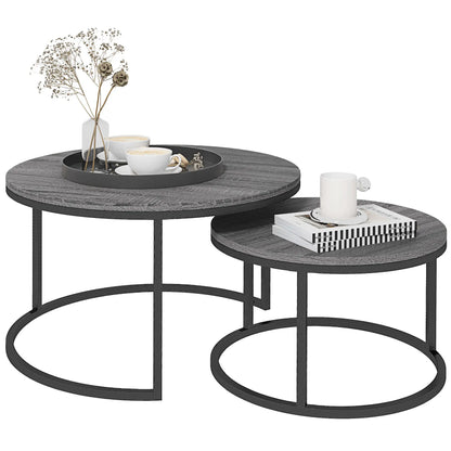 Industrial Nesting Coffee Table Set of 2, Round Coffee Tables, Living Room Table with Wood Effect Top and Steel Frame | HOMCOM-0