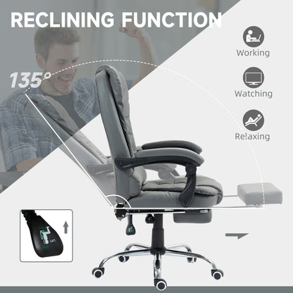 HOMCOM Executive Leather Office Chair, PU Home Office Chair with Swivel Wheels, Reclining Backrest, Retractable Footrest in Grey-4