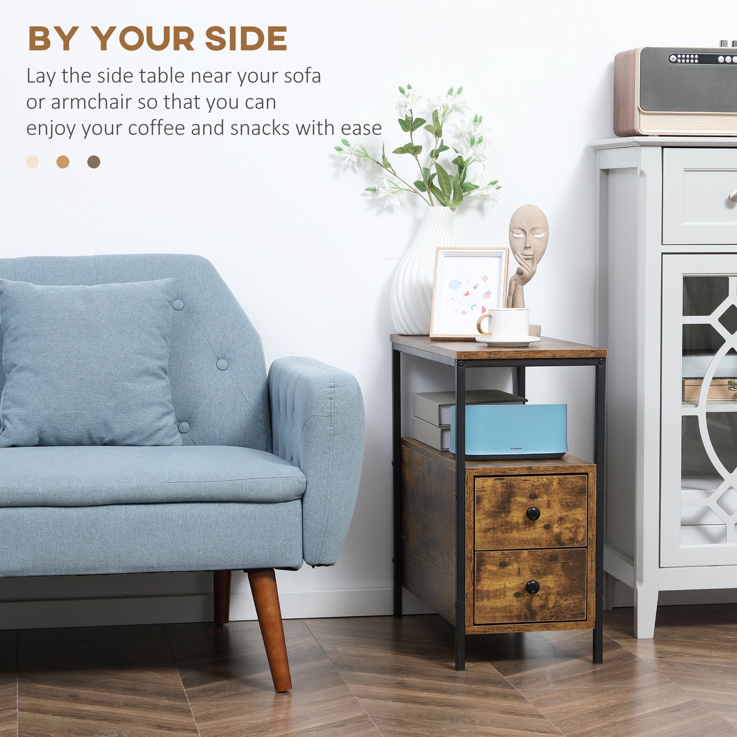 HOMCOM Set of 2 Side Table, Narrow Bedside Table with 2 Drawers and Storage Shelf, Industrial End Table with Metal Frame for Small Spaces in Rustic Brown-2