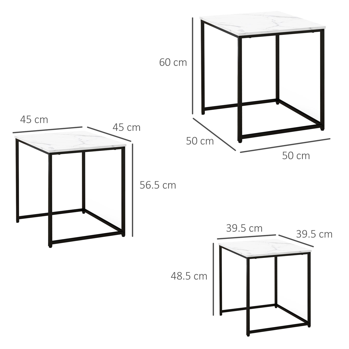HOMCOM Nesting Tables Set of 3, Side End Table with Faux Marble Effect Top and Steel Legs for Living Room, Bedroom in White-1