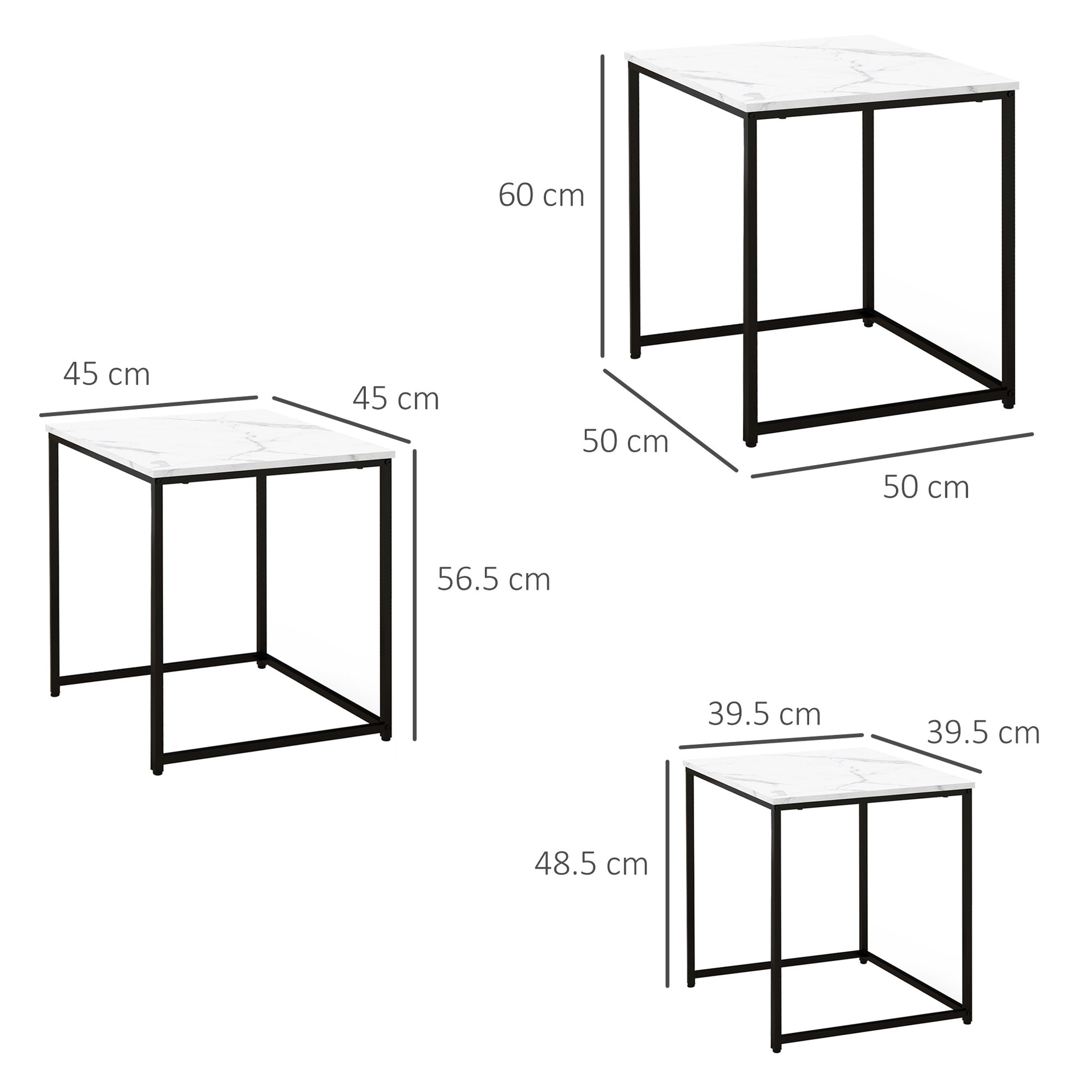 HOMCOM Nesting Tables Set of 3, Side End Table with Faux Marble Effect Top and Steel Legs for Living Room, Bedroom in White-1