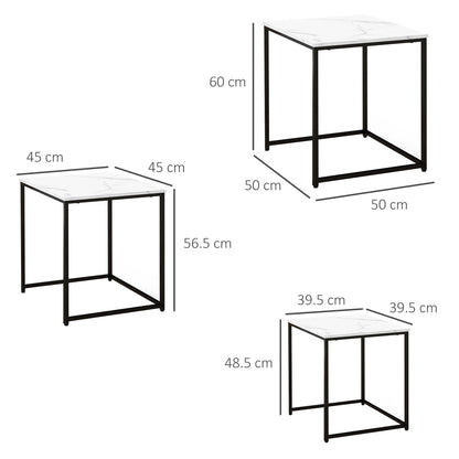 HOMCOM Nesting Tables Set of 3, Side End Table with Faux Marble Effect Top and Steel Legs for Living Room, Bedroom in White-1