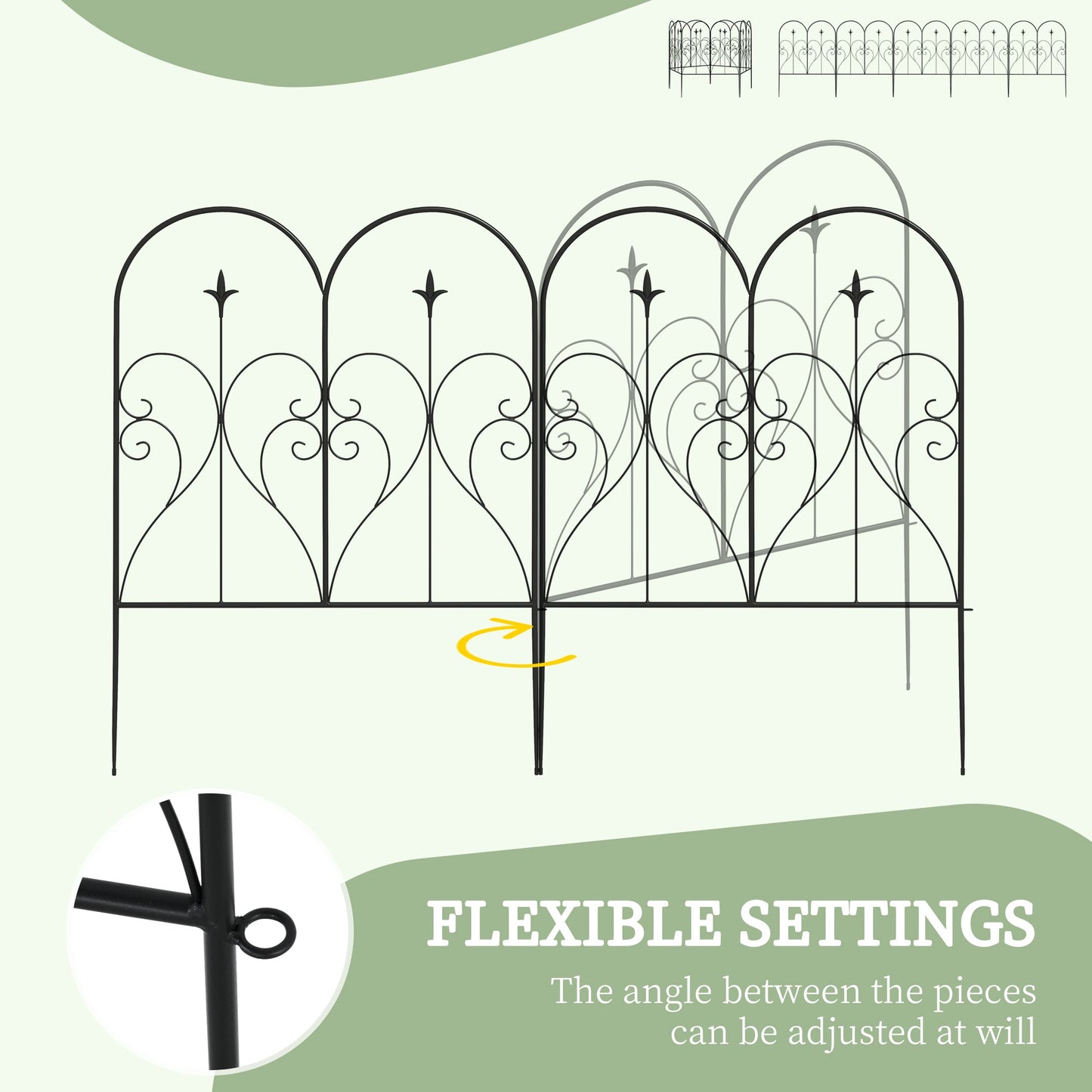 Set of 5 Metal Outdoor Picket Fence Panels with Heart Scrollwork - Black-4