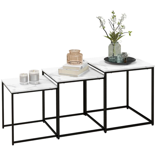 HOMCOM Nesting Tables Set of 3, Side End Table with Faux Marble Effect Top and Steel Legs for Living Room, Bedroom in White-0