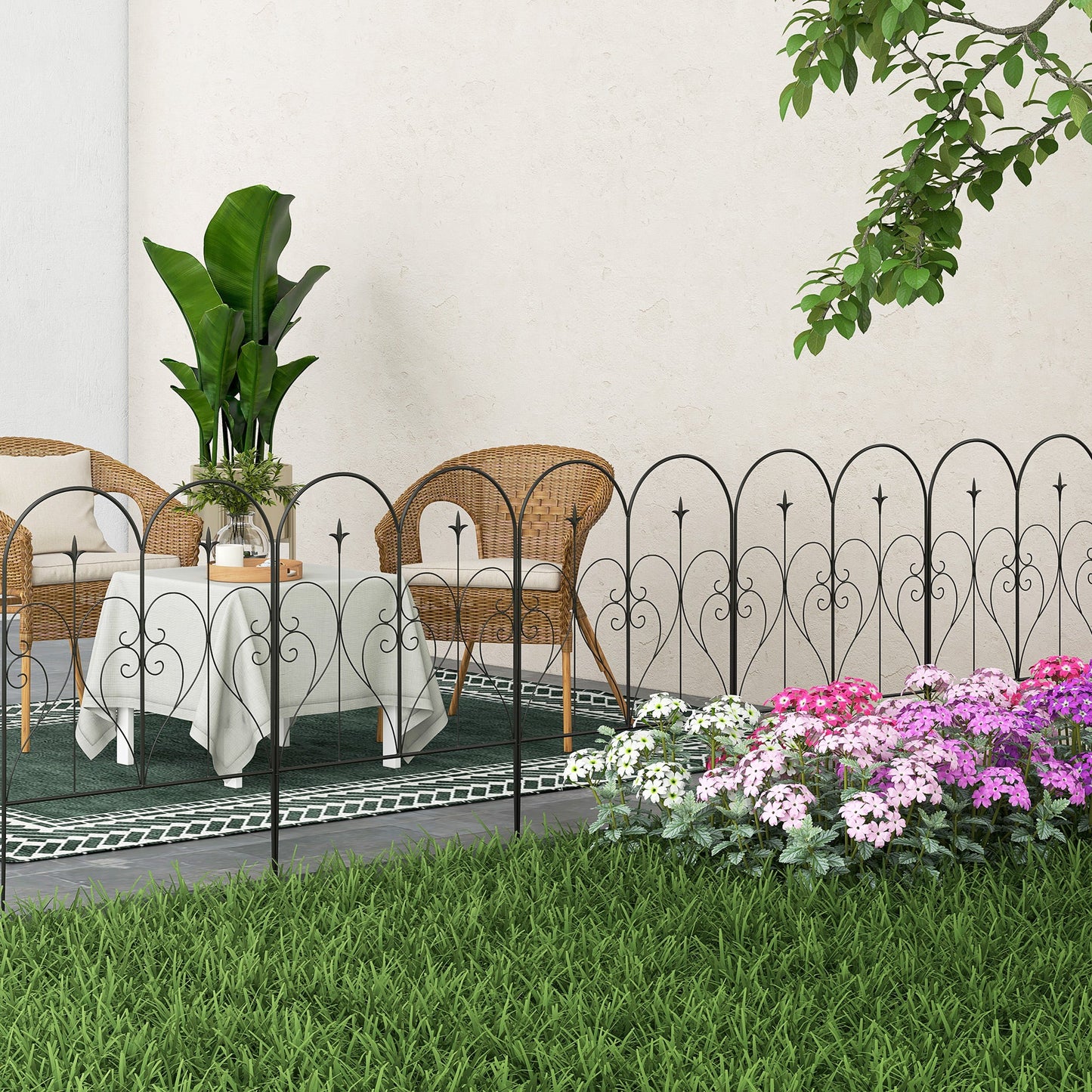 Set of 5 Metal Outdoor Picket Fence Panels with Heart Scrollwork - Black-1