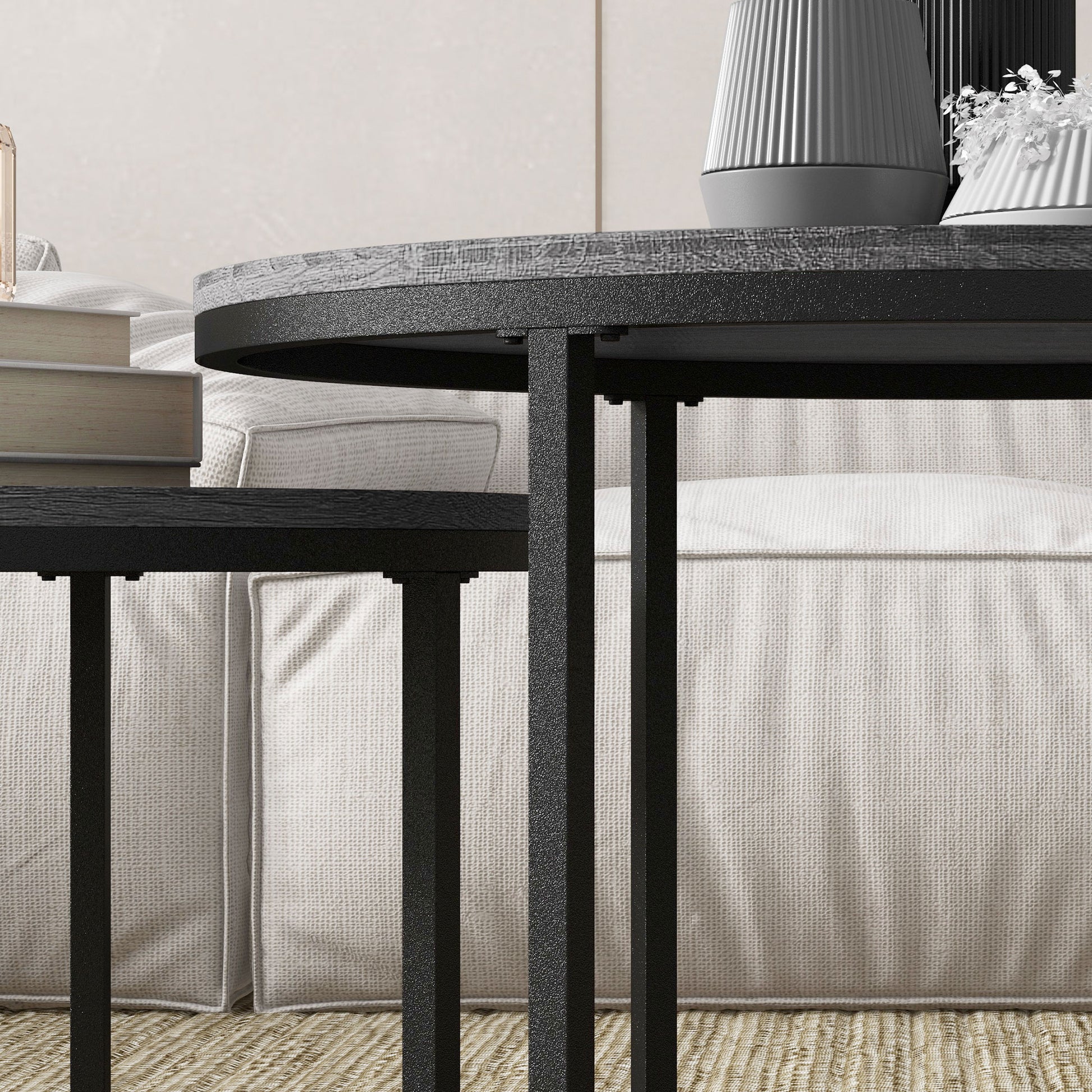 Industrial Nesting Coffee Table Set of 2, Round Coffee Tables, Living Room Table with Wood Effect Top and Steel Frame | HOMCOM-7
