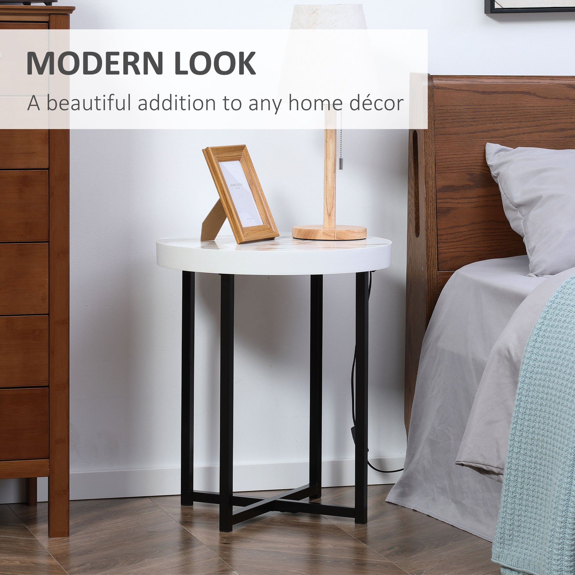 HOMCOM Set of 2 Round Side Table with Metal Legs, Modern End Table Bedside Table for Living Room, Bedroom in White-2