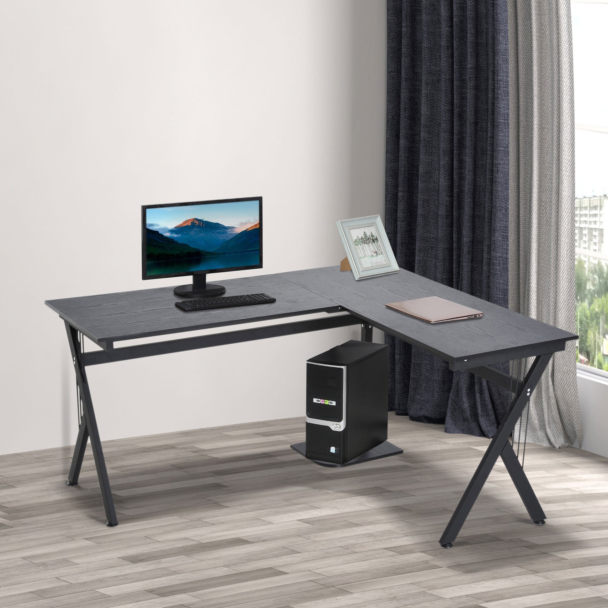 Corner Computer Desk, L-Shaped Desk with CPU Stand, Home Office Laptop Haven, Study Workstation in Black | HOMCOM-5