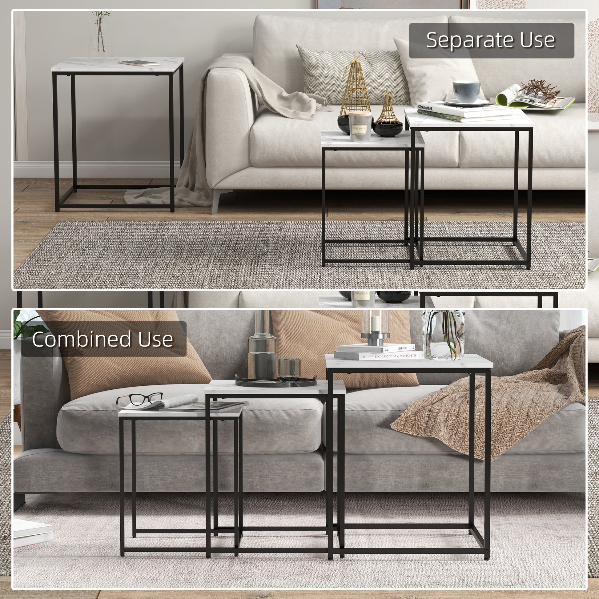 HOMCOM Nesting Tables Set of 3, Side End Table with Faux Marble Effect Top and Steel Legs for Living Room, Bedroom in White-2