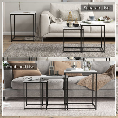 HOMCOM Nesting Tables Set of 3, Side End Table with Faux Marble Effect Top and Steel Legs for Living Room, Bedroom in White-2