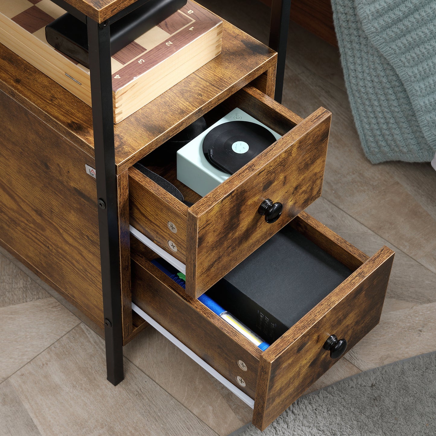 HOMCOM Set of 2 Side Table, Narrow Bedside Table with 2 Drawers and Storage Shelf, Industrial End Table with Metal Frame for Small Spaces in Rustic Brown-6