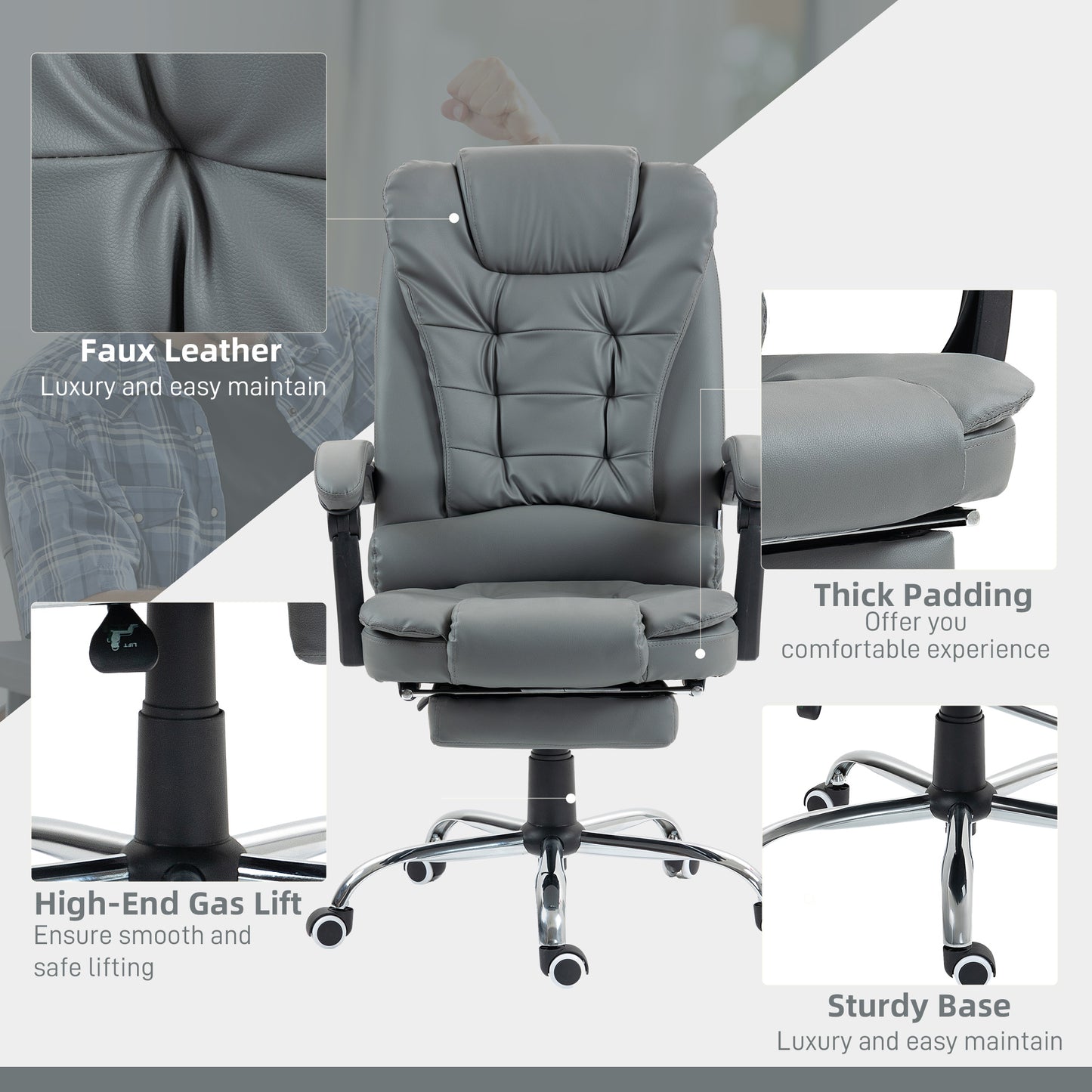 HOMCOM Executive Leather Office Chair, PU Home Office Chair with Swivel Wheels, Reclining Backrest, Retractable Footrest in Grey-5