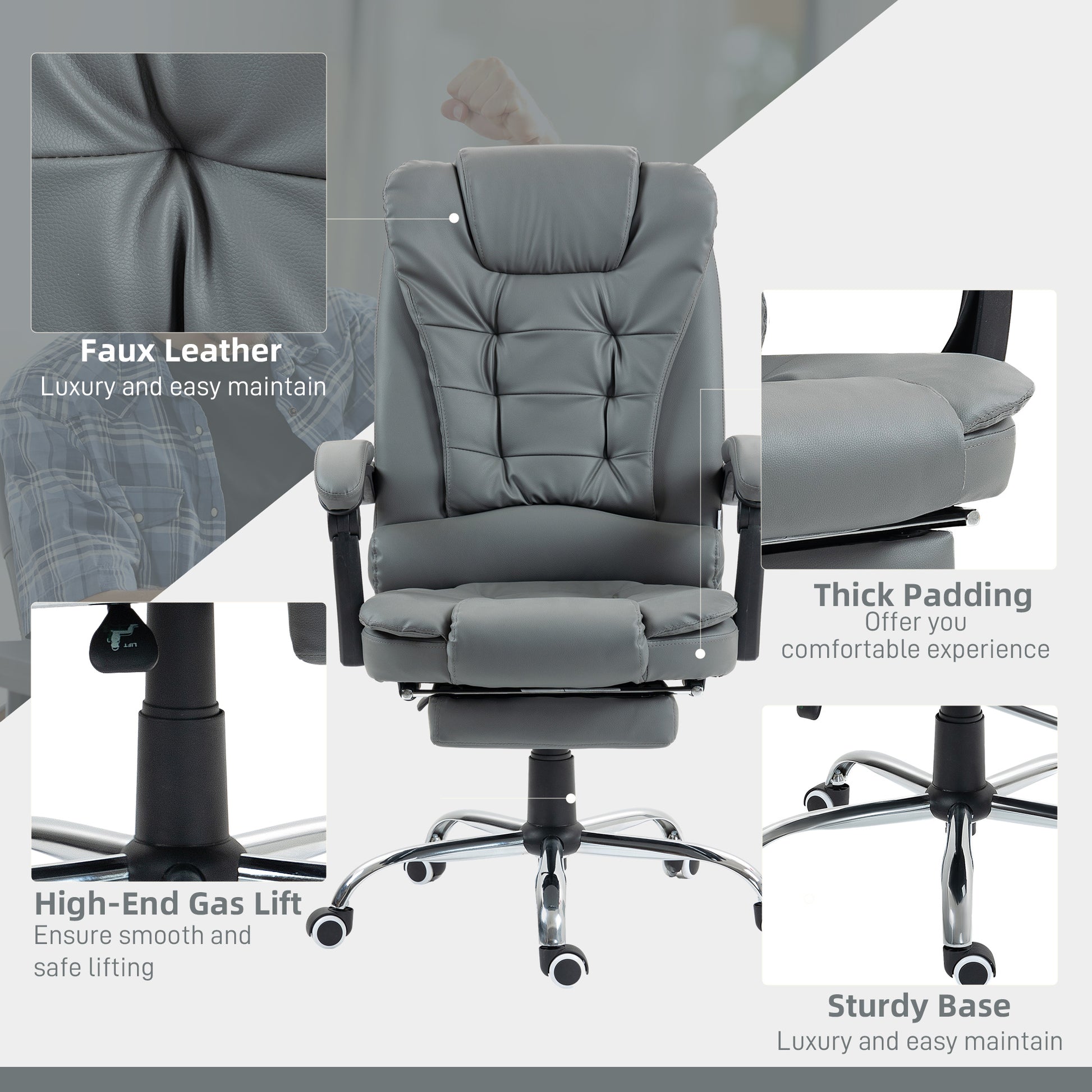 HOMCOM Executive Leather Office Chair, PU Home Office Chair with Swivel Wheels, Reclining Backrest, Retractable Footrest in Grey-5