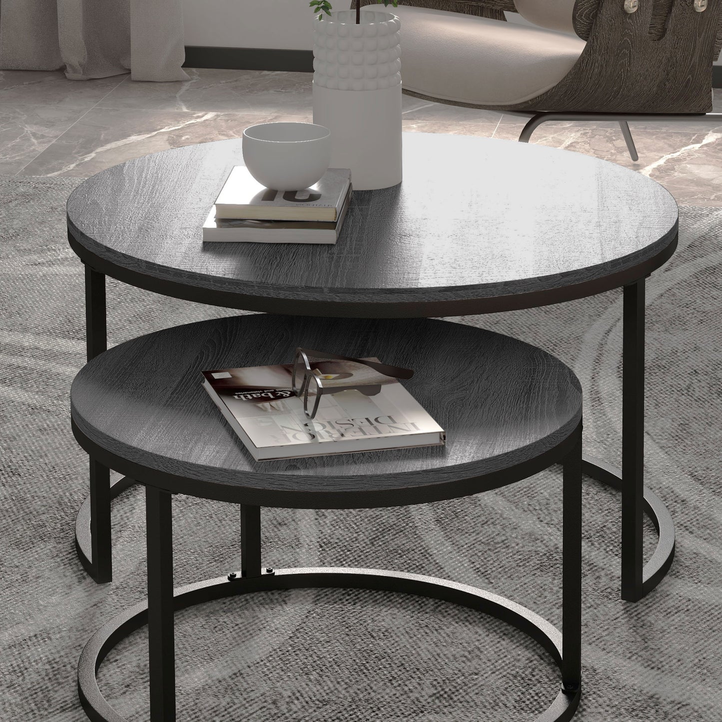 Industrial Nesting Coffee Table Set of 2, Round Coffee Tables, Living Room Table with Wood Effect Top and Steel Frame | HOMCOM-6