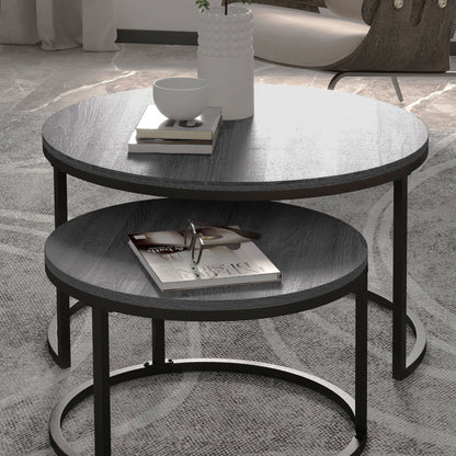Industrial Nesting Coffee Table Set of 2, Round Coffee Tables, Living Room Table with Wood Effect Top and Steel Frame | HOMCOM-6