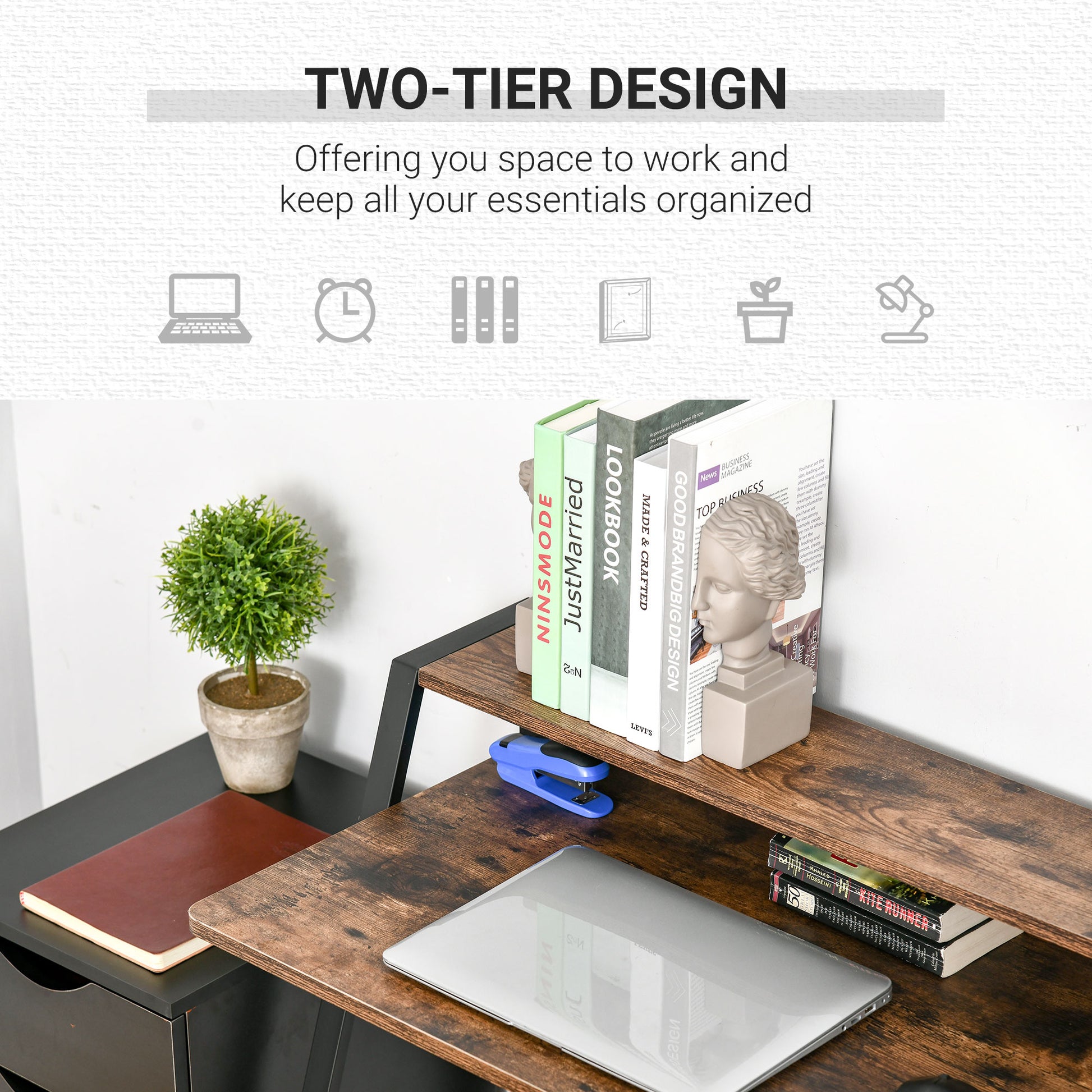 Writing Desk with Storage Shelf and Metal frame, Computer Table, Home Office PC Laptop Workstation in Rustic Brown | HOMCOM-2