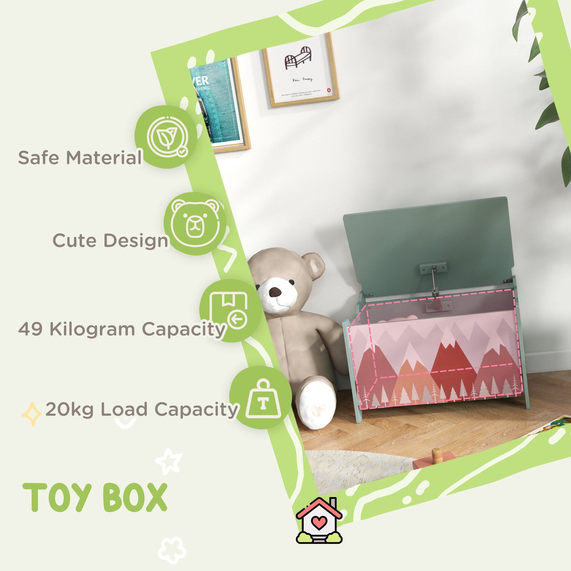 Kids Toy Chest with Safety Hinge Lid and Rounded Corners - Green-3