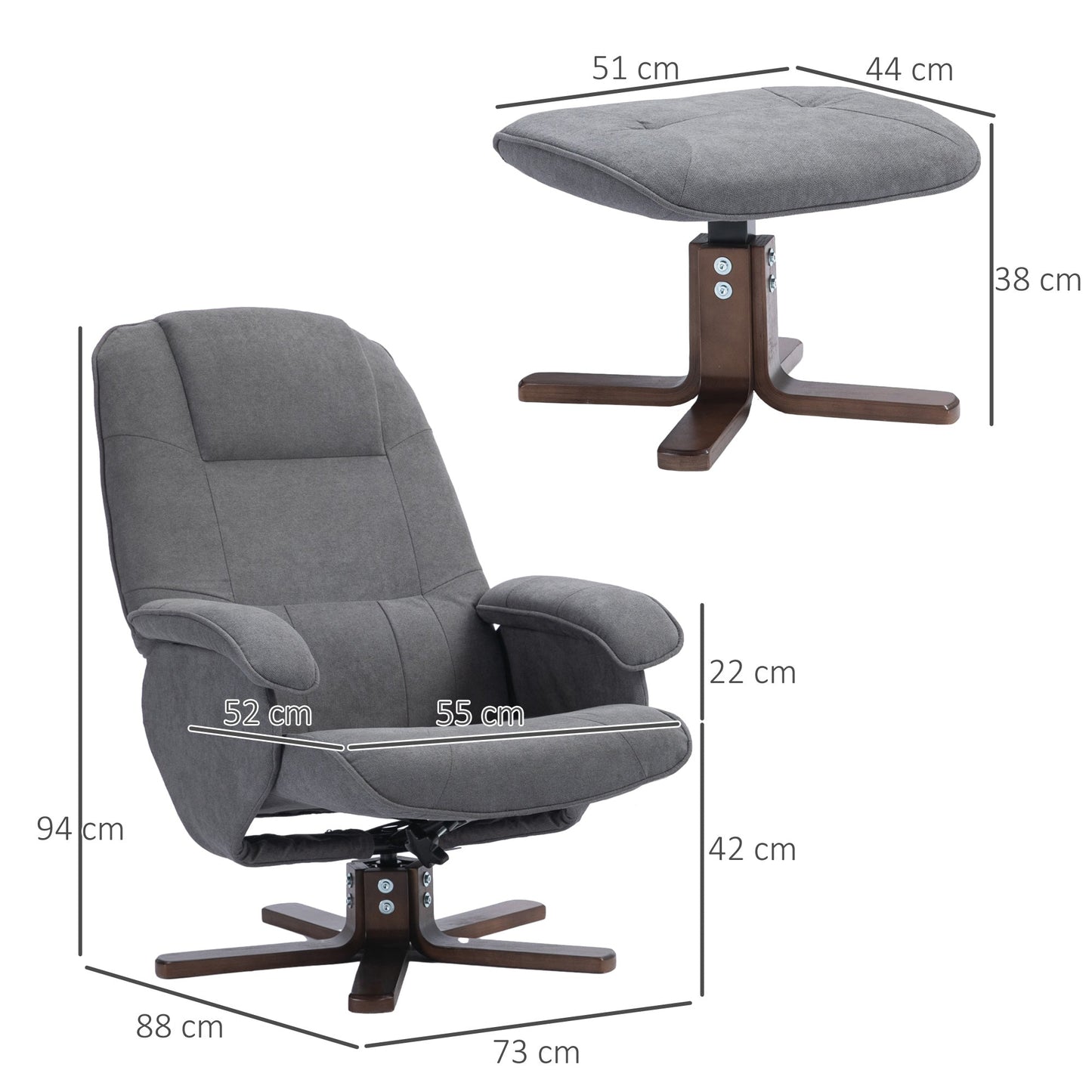 Linen Swivel Recliner Chair with Footstool, Upholstered Reclining Armchair with Wooden Base for Living Room, Grey-2